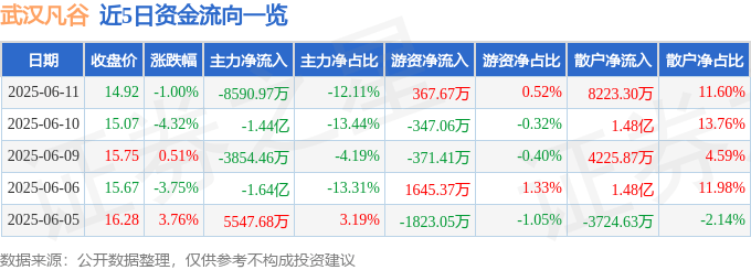 股票行情快报：武汉凡谷（002194）6月11日主力资金净卖出8590.97万元