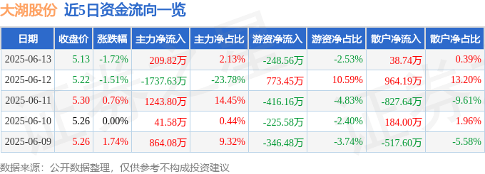 股票行情快报：大湖股份（600257）6月13日主力资金净买入209.82万元