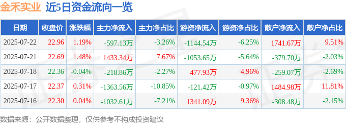 股票行情快报：金禾实业（002597）7月22日主力资金净卖出597.13万元