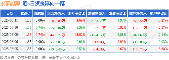 股票行情快报：永泰能源（600157）6月11日主力资金净买入806.80万元