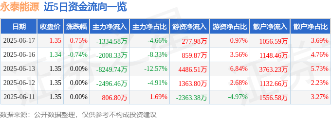 股票行情快报：永泰能源（600157）6月17日主力资金净卖出1334.58万元