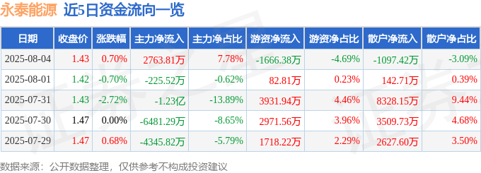 股票行情快报：永泰能源（600157）8月4日主力资金净买入2763.81万元