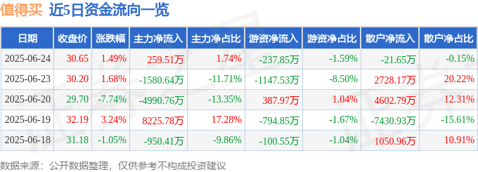 股票行情快报：值得买（300785）6月24日主力资金净买入259.51万元