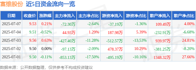 股票行情快报:富维股份(600742)7月7日主力资金净卖出72.30万元