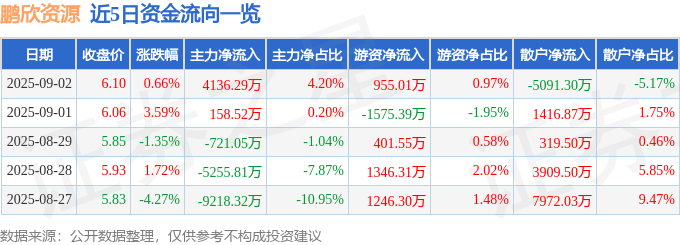 股票行情快报:鹏欣资源(600490)9月2日主力资金净买入4136.29万元