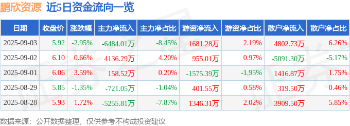 股票行情快报：鹏欣资源（600490）9月3日主力资金净卖出6484.01万元