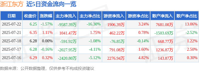 股票行情快报:浙江东方(600120)7月22日主力资金净卖出9587.39万元