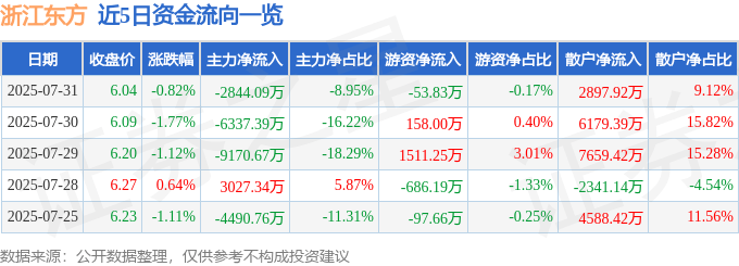 股票行情快报:浙江东方(600120)7月31日主力资金净卖出2844.09万元