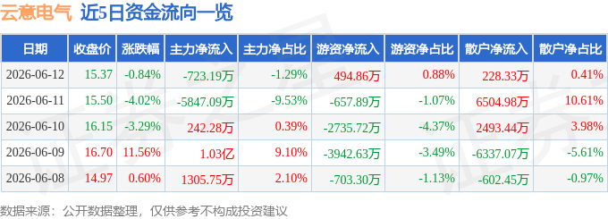 股票行情快报：云意电气（300304）6月12日主力资金净卖出723.19万元